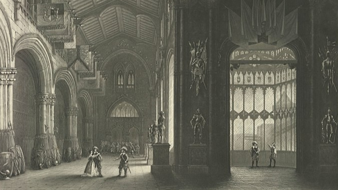 Сцена от първо действие на премиерния спектакъл на операта "Пуритани", 1835 г.